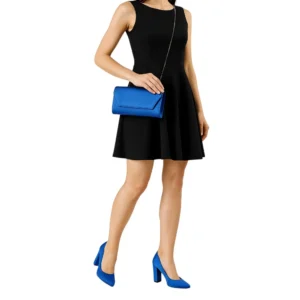 Blue Satin Thick Heel Shoes and Bag Set