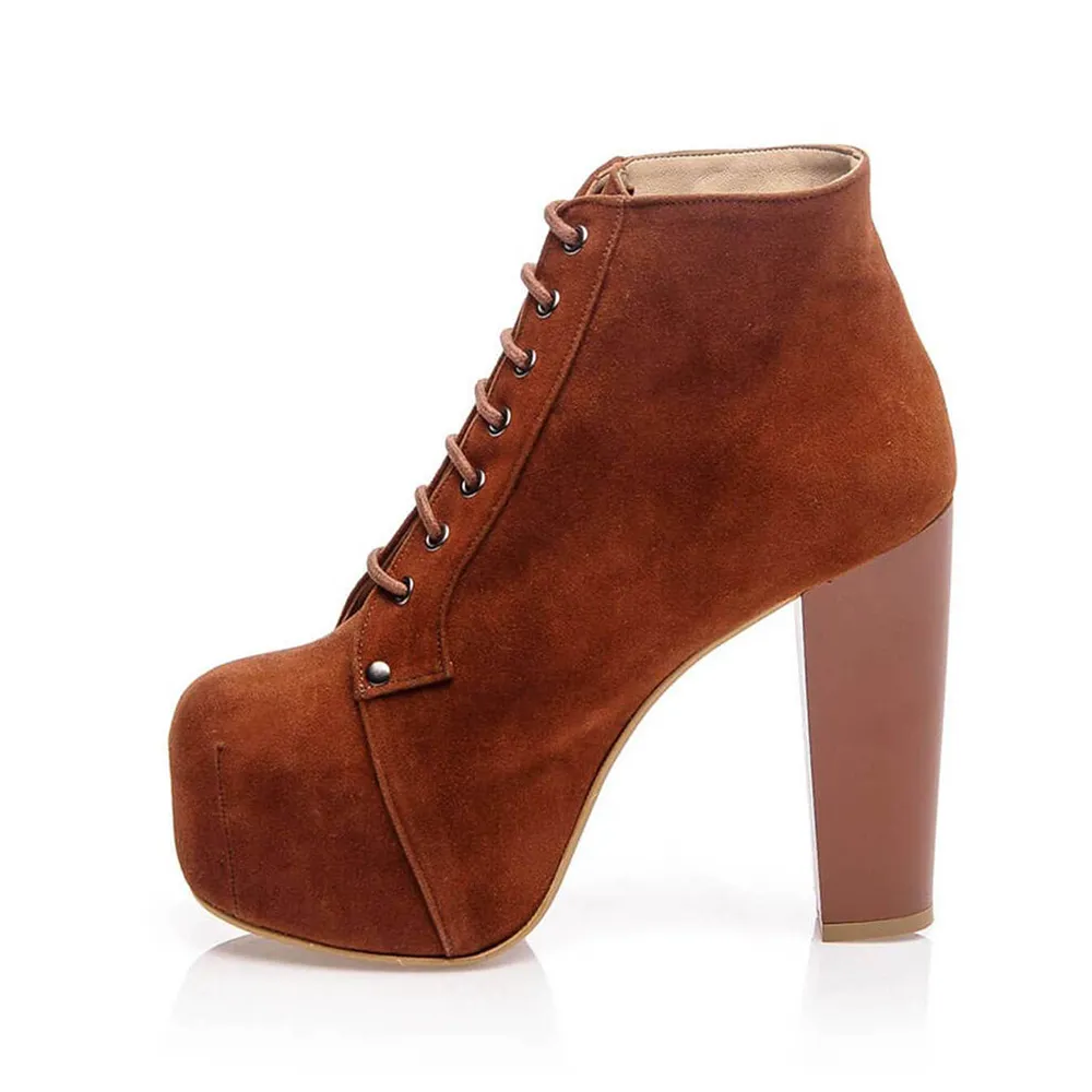 Brown Suede Platform Lace up Ankle Boots