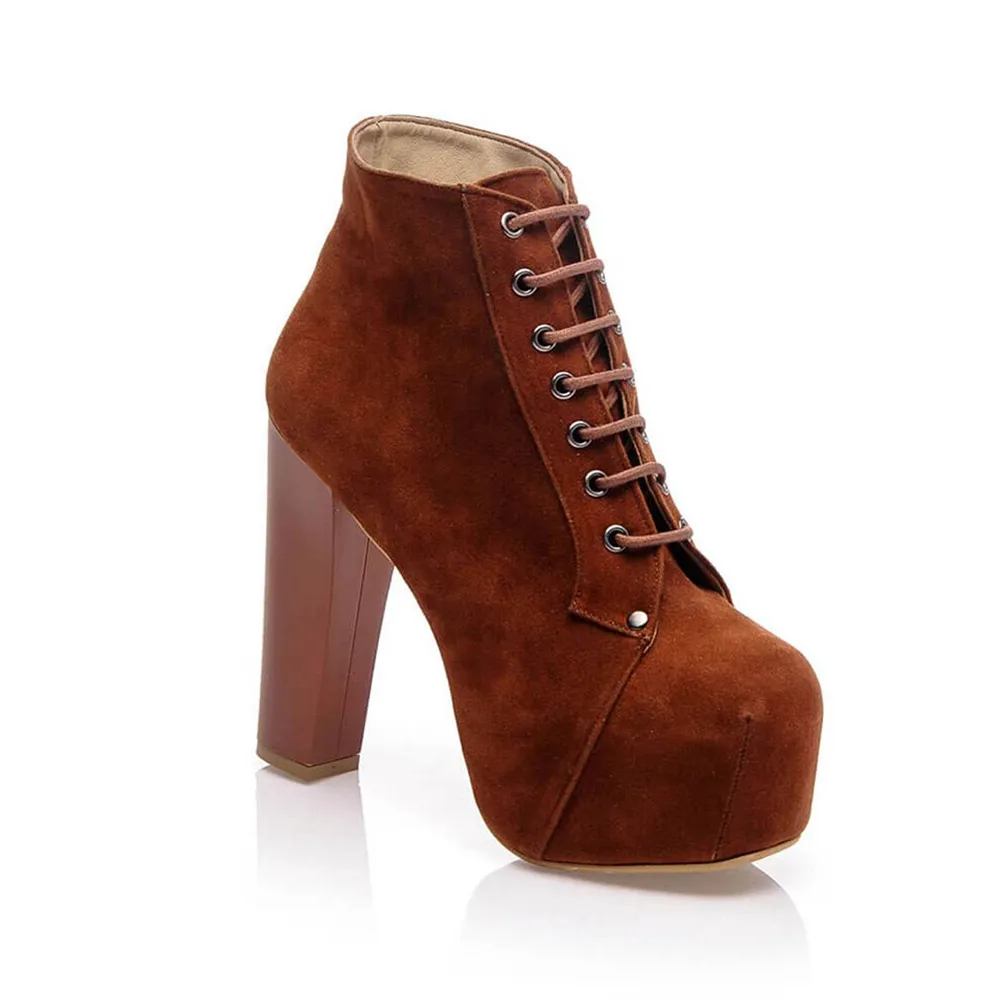 Brown Suede Platform Lace up Ankle Boots
