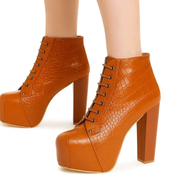 Brown Crocodile Platform Lace up Ankle Boots