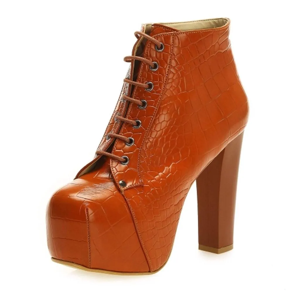 Brown Crocodile Platform Lace up Ankle Boots