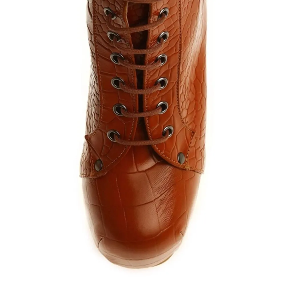 Brown Crocodile Platform Lace up Ankle Boots
