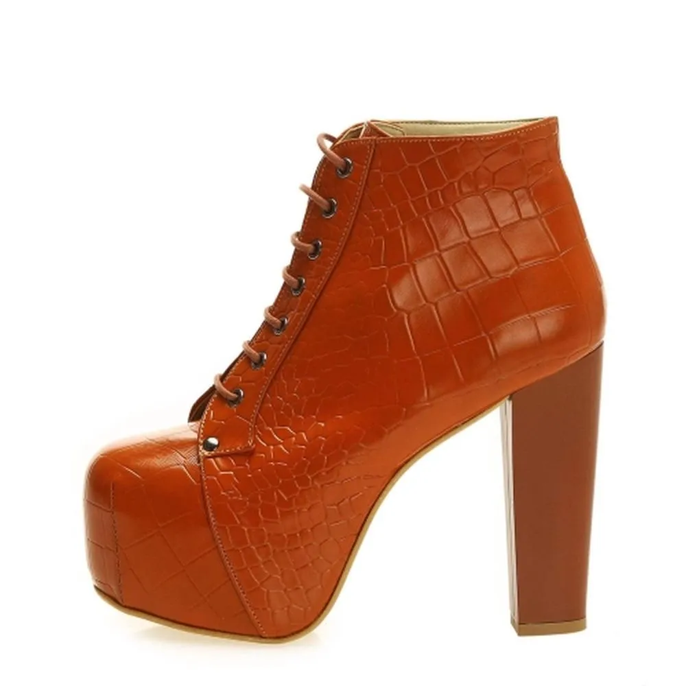 Brown Crocodile Platform Lace up Ankle Boots