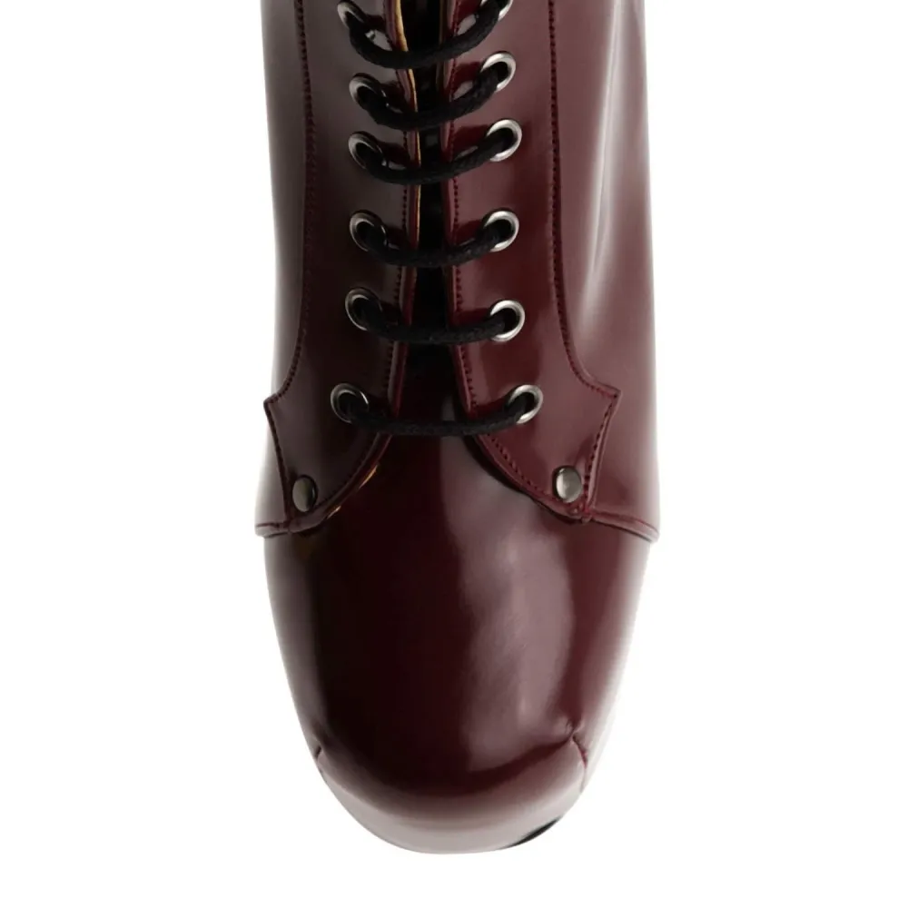 Burgundy Shiny Platform Lace up Ankle Boots