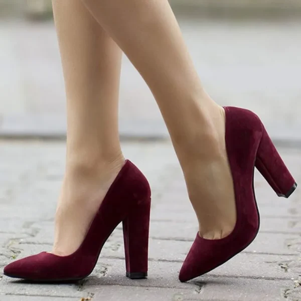 Burgundy Suede Chunky Heel Shoes for Ladies MA-023