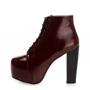 Burgundy Shiny Platform Lace up Ankle Boots