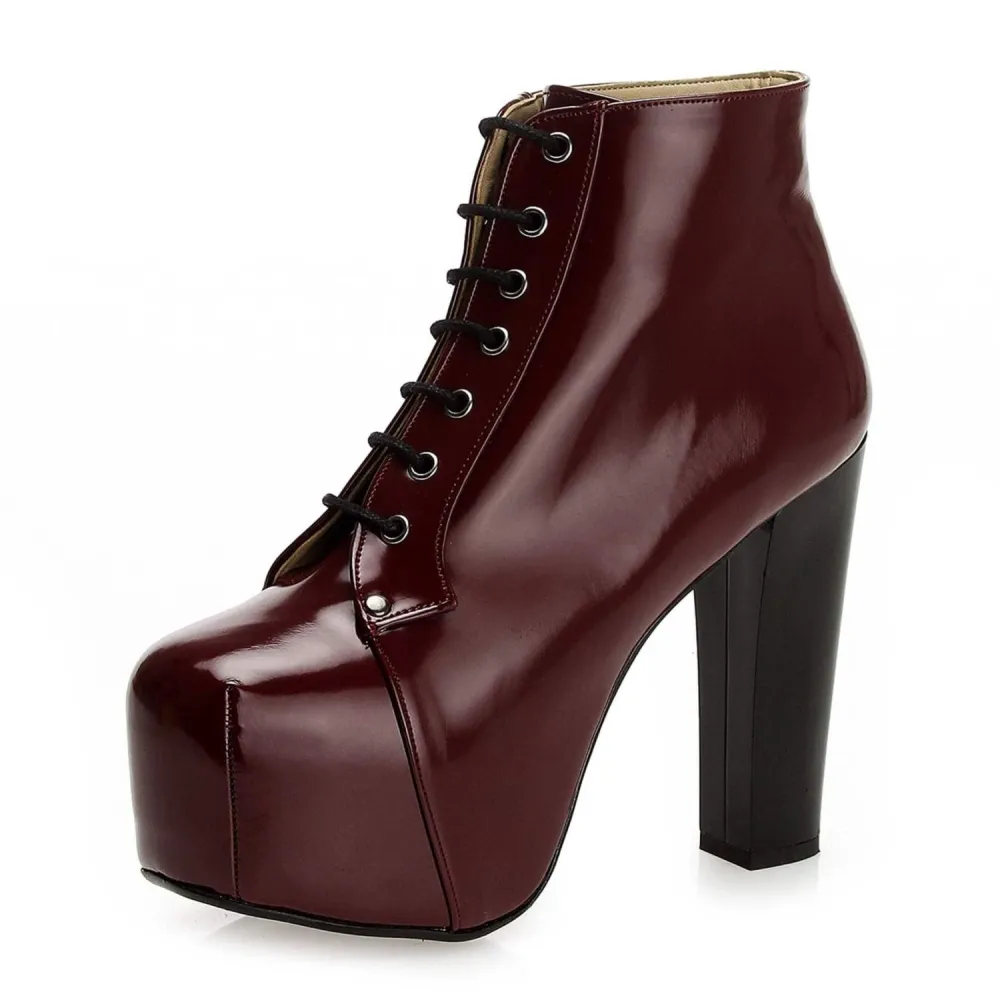 Burgundy Shiny Platform Lace up Ankle Boots