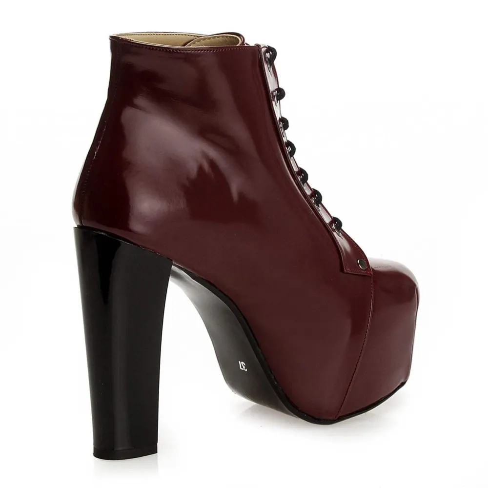 Burgundy Shiny Platform Lace up Ankle Boots