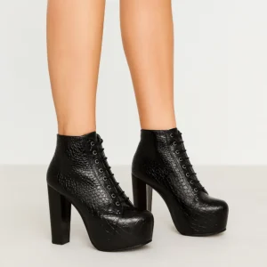 Black Crocodile Platform Lace up Ankle Boots