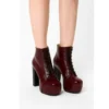 Burgundy Shiny Platform Lace up Ankle Boots