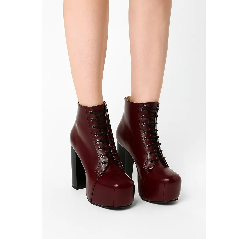 Burgundy Shiny Platform Lace up Ankle Boots