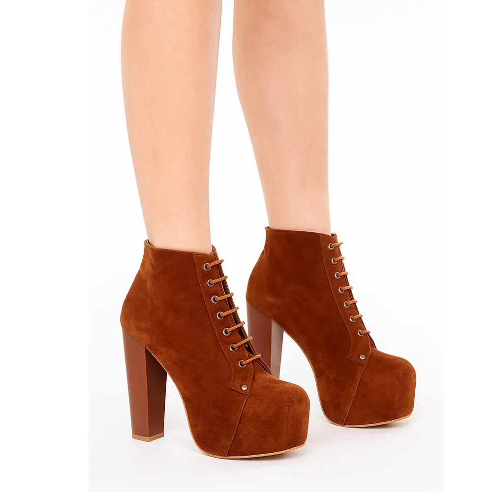 Brown Suede Platform Lace up Ankle Boots