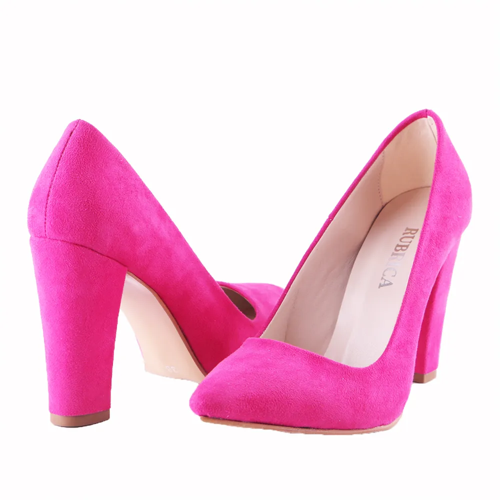 Fushcia Suede Chunky Heel Shoes for Ladies MA-023