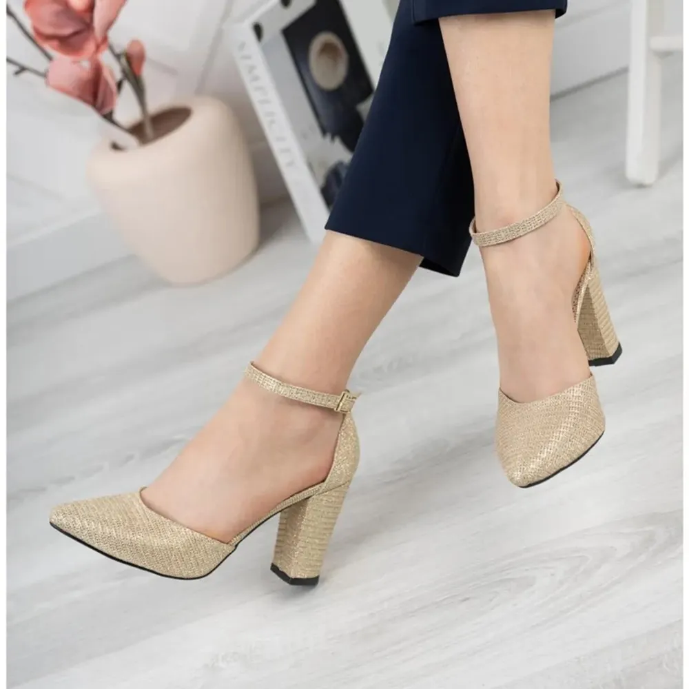 Gold Ankle Strap Party Pumps Women RA-062
