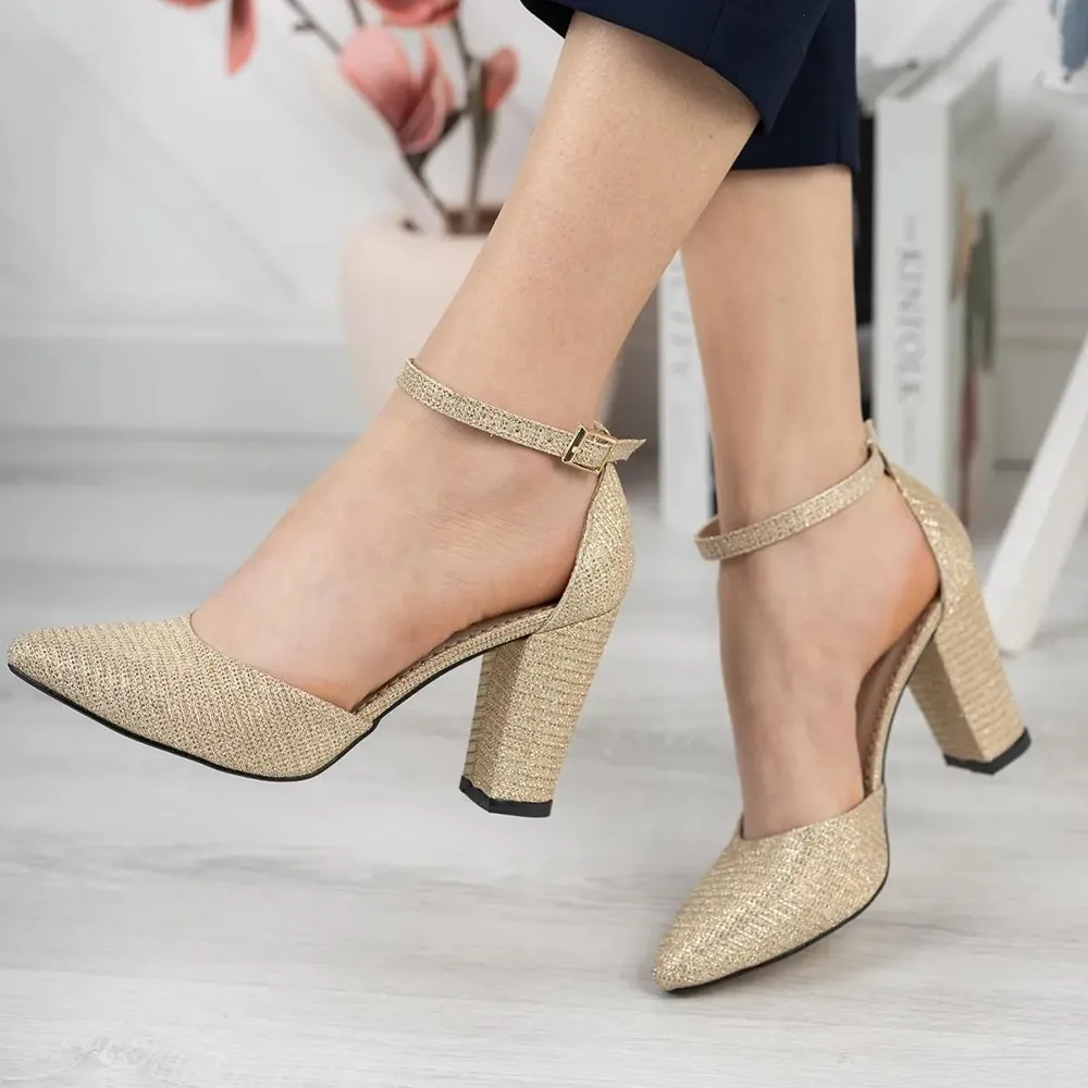 Gold Ankle Strap Party Pumps Women RA-062