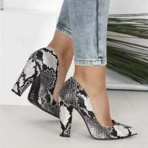 Gray Chunky Heel Snake Print Shoes MA-023