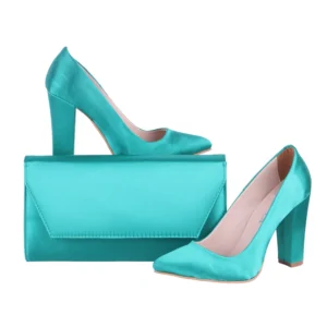 Green Satin Thick Heel Shoes and Bag Set