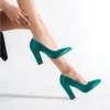 Green Satin Thick Heel Shoes and Bag Set