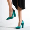 Green Satin Thick Heel Shoes and Bag Set