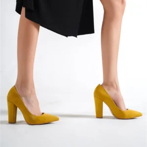 Mustard Suede Chunky Heel Shoes for Ladies MA-023