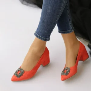 Orange Low Heel Wedding Shoes with Rhinestone