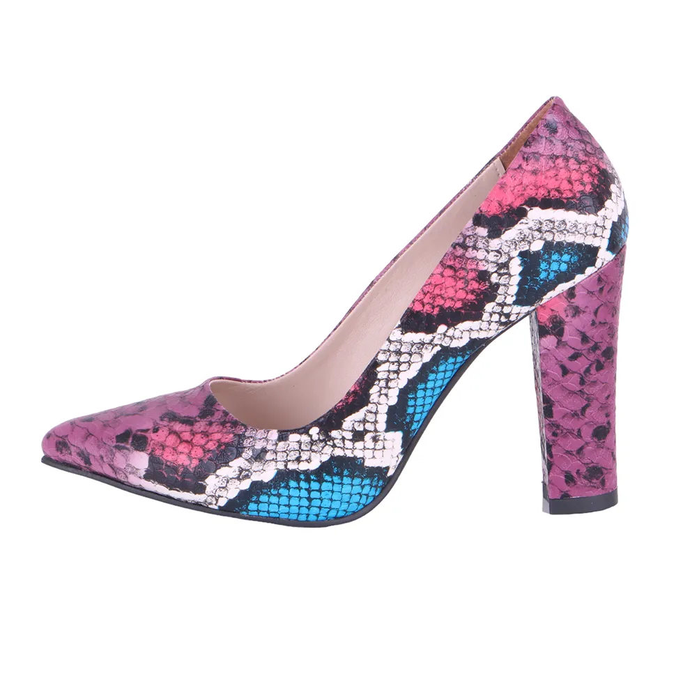 Pink Chunky Heel Snake Print Shoes MA-023
