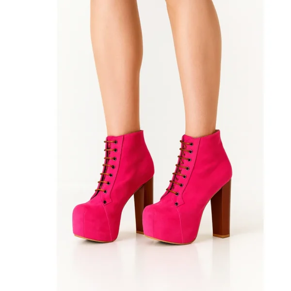 Pink Suede Platform Lace up Ankle Boots