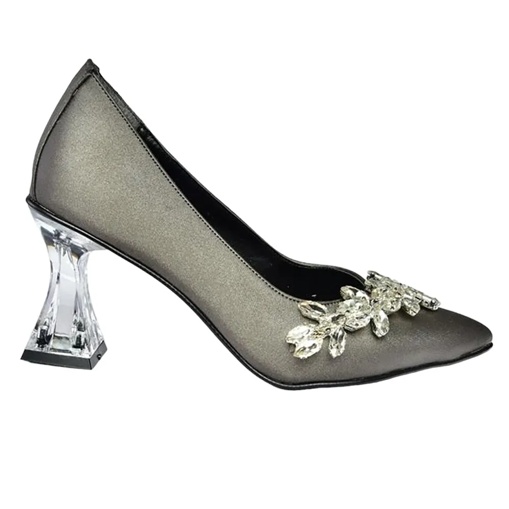 Platinum Low Heel Dress Shoes with Rhinestones