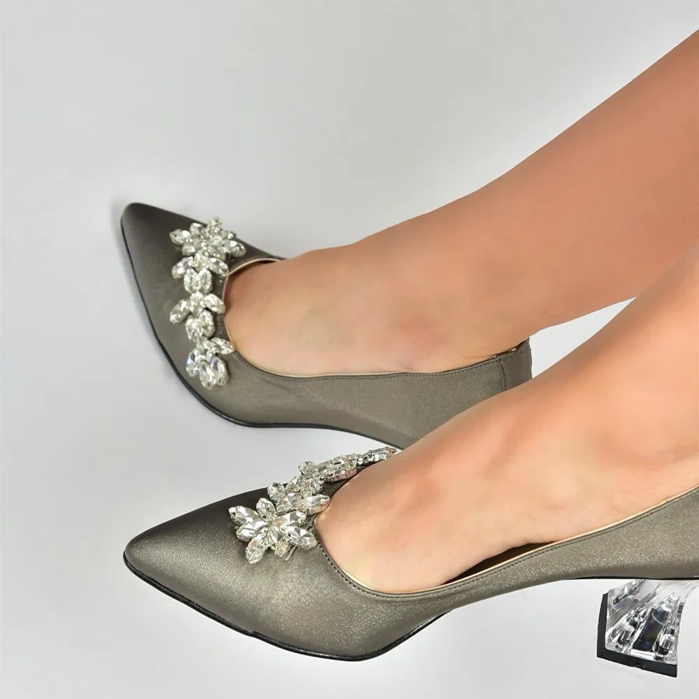 Platinum Low Heel Dress Shoes with Rhinestones