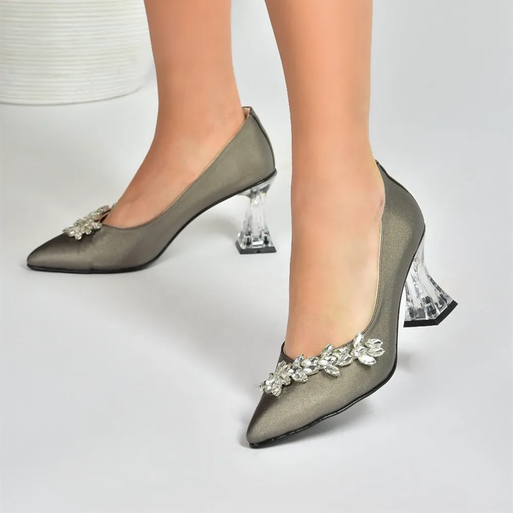 Platinum Low Heel Dress Shoes with Rhinestones