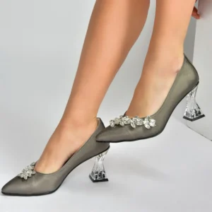 Platinum Low Heel Dress Shoes with Rhinestones