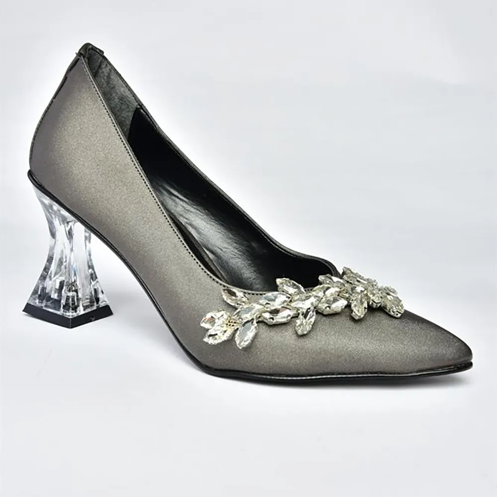 Platinum Low Heel Dress Shoes with Rhinestones