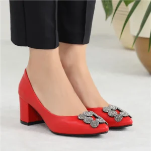 Red Low Heel Wedding Shoes with Rhinestone