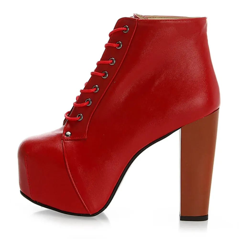Red Platform Lace up Ankle Boots