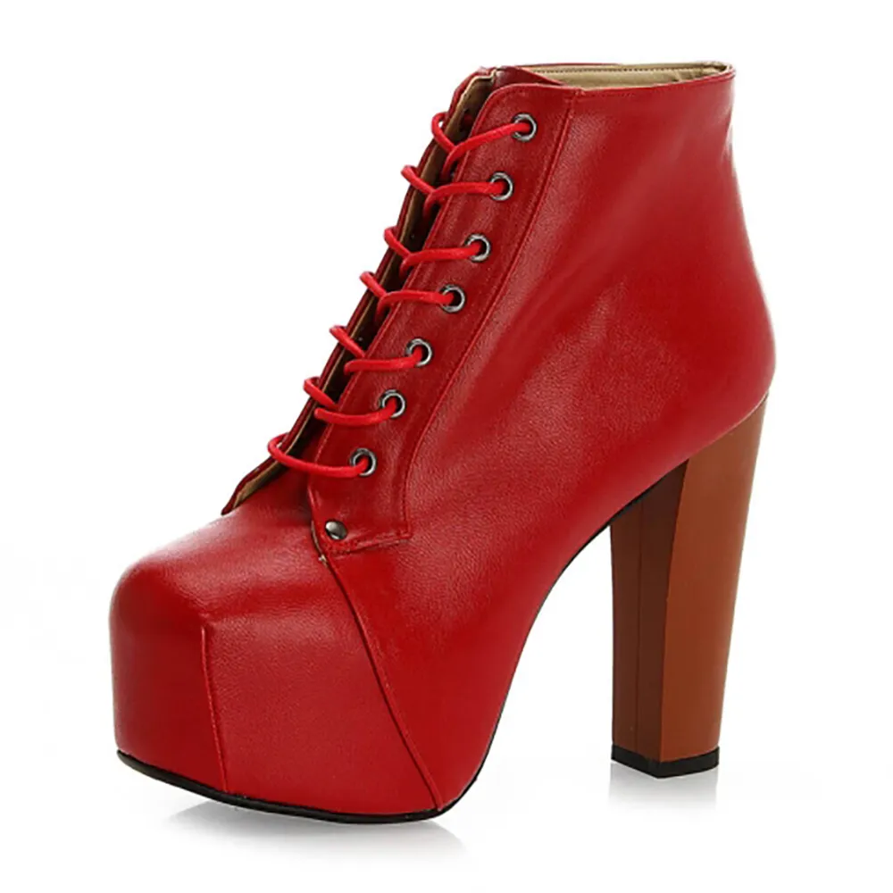 Red Platform Lace up Ankle Boots