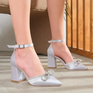 Silver Low Heel Bow Shoes for Women RA-032