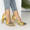 Yellow Chunky Heel Snake Print Shoes MA-023
