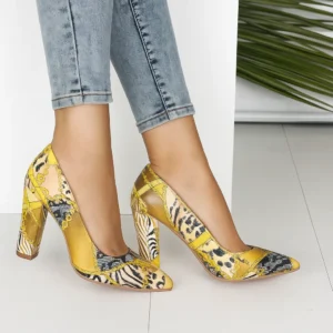Yellow Chunky Heel Snake Print Shoes MA-023