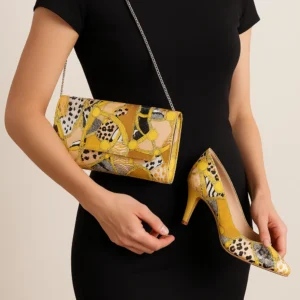 Yellow Kitten Heel Shoes and Bag Set for Women