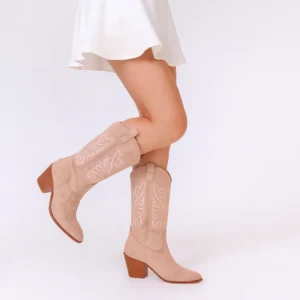 Beige Embroidered Western Boots for Women TU-04