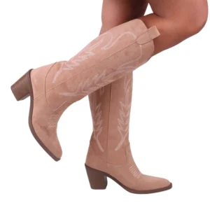 Beige Low Heel Suede Boots Women Knee High