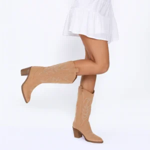 Beige Low Heel Suede Boots Women Knee High