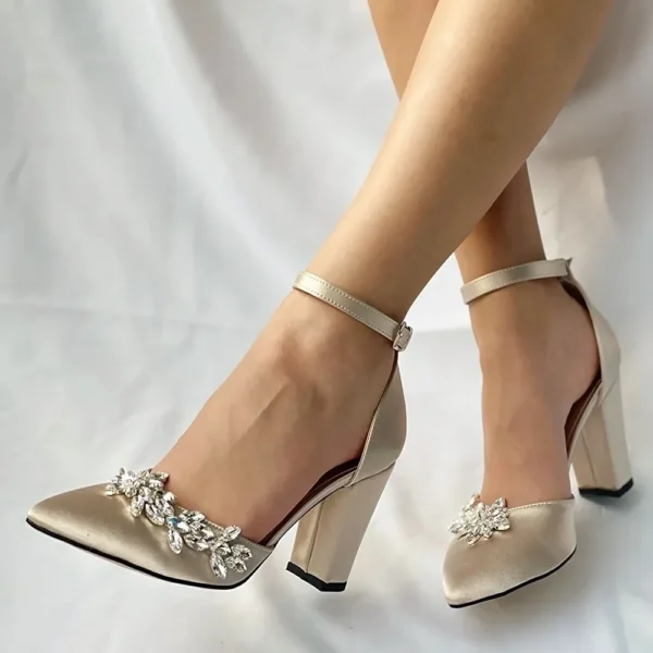 Beige Rhinestone Block Heel Pumps for Women RA-8001