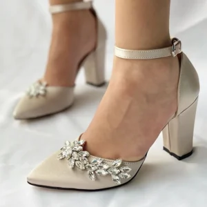 Beige Rhinestone Block Heel Pumps for Women RA-8001