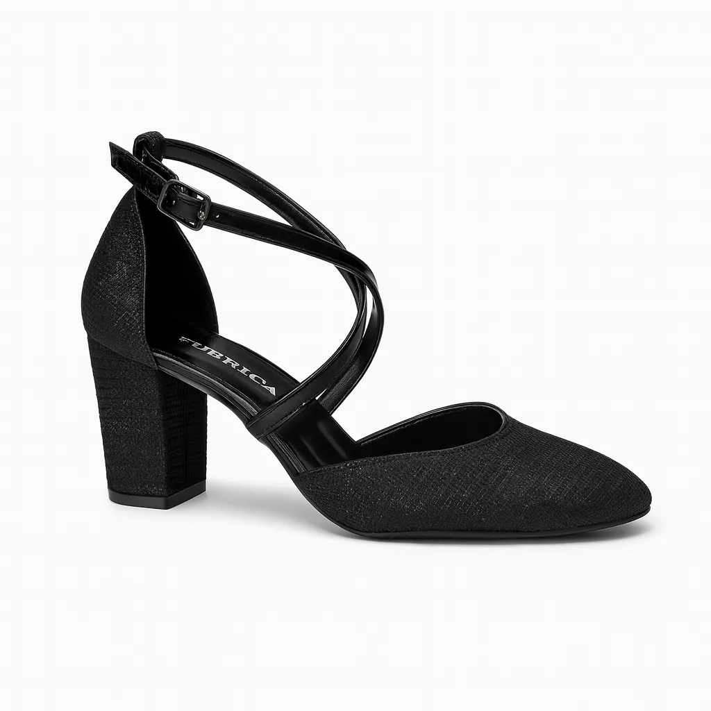 Black Ankle Strap Block Heel Pumps for Women RA-803