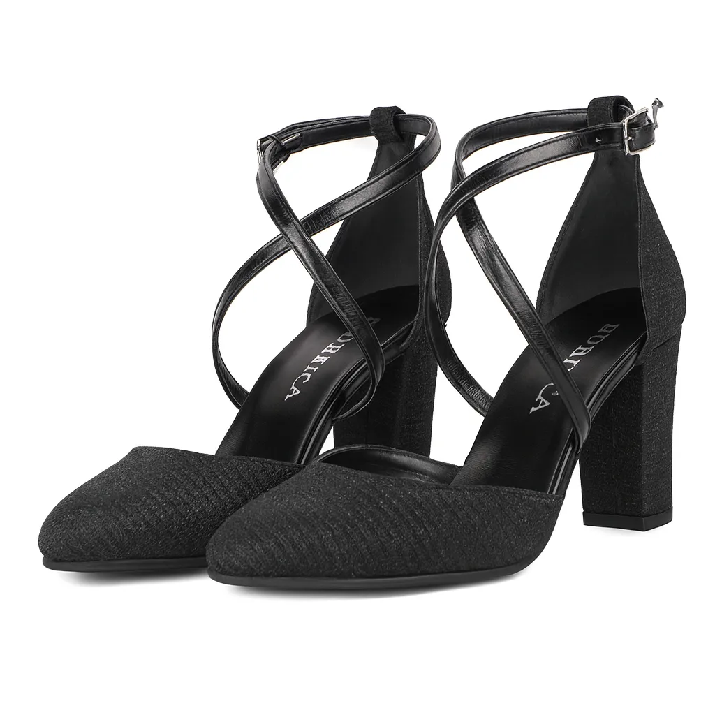 Black Ankle Strap Block Heel Pumps for Women RA-803