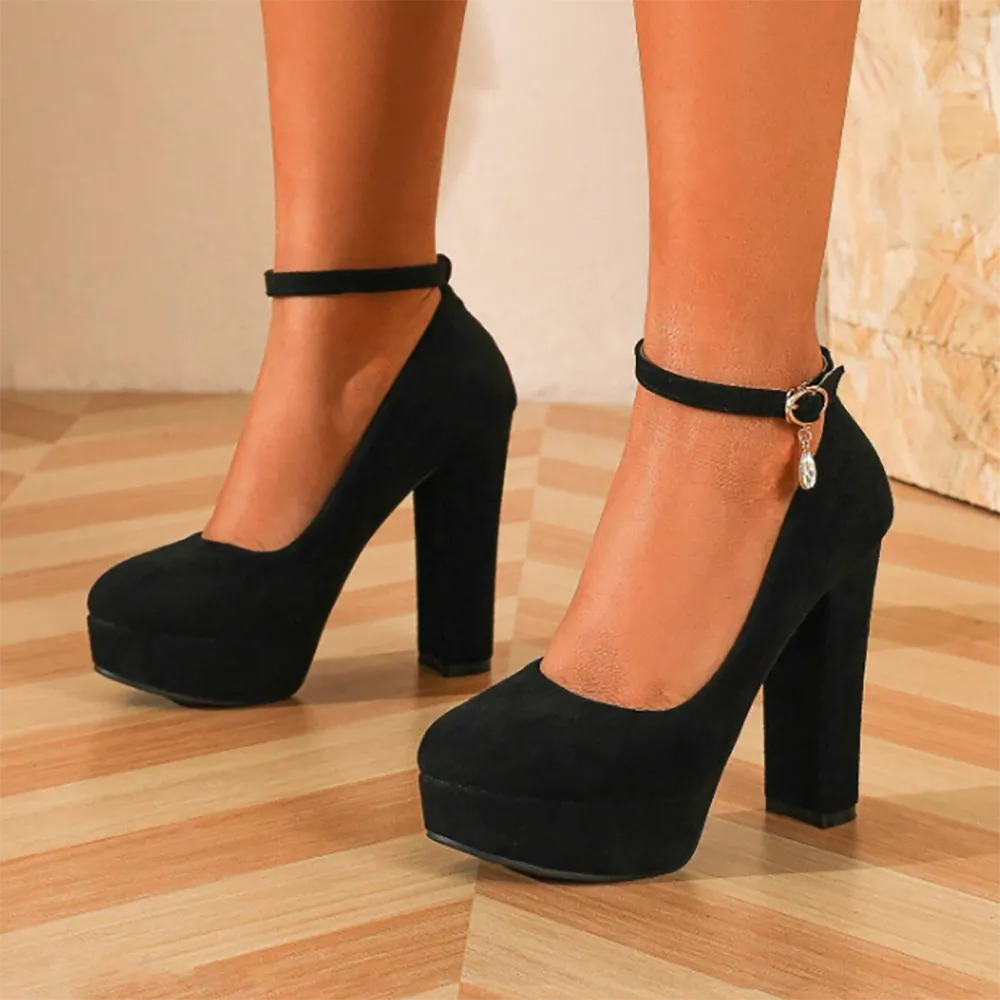 Black Ankle Strap High Platform Heels for Women RA-210