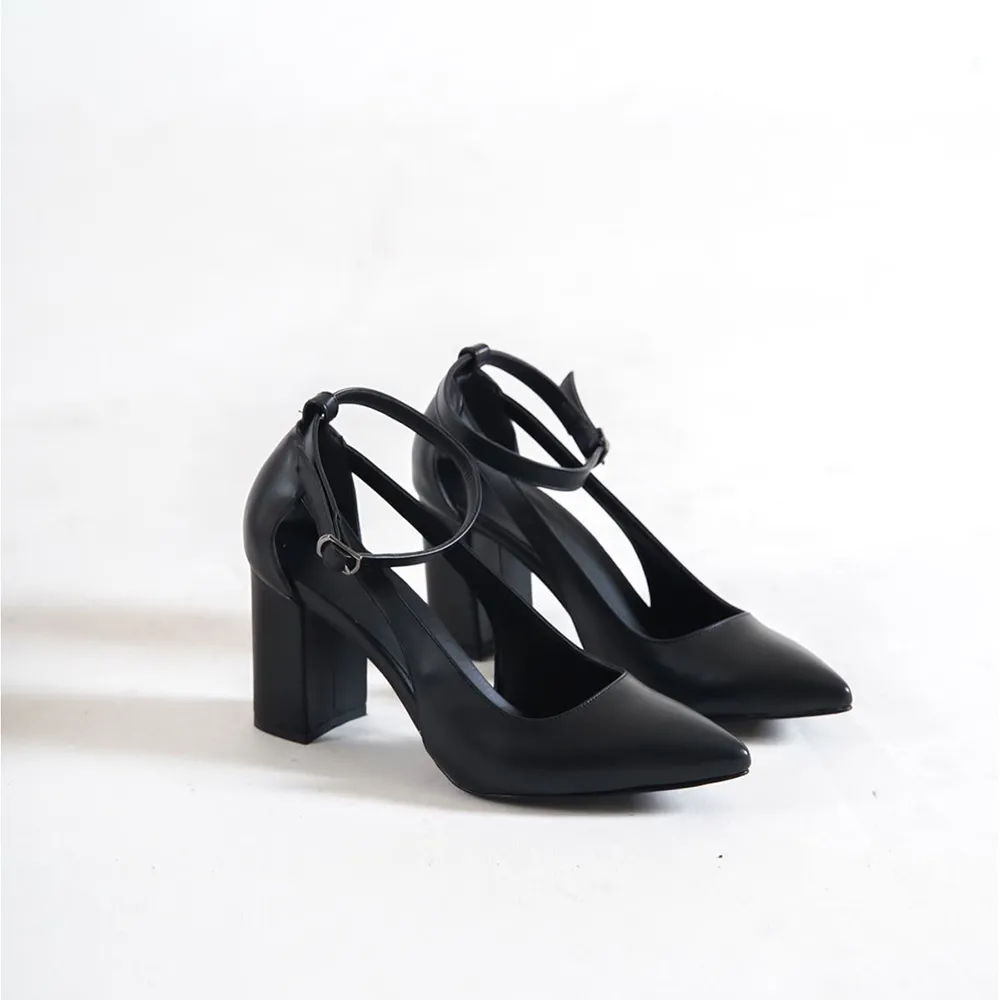 Black Dressy Block Heel Ankle Strap Pumps RA-8030