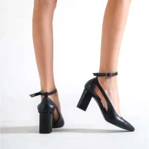 Black Dressy Block Heel Ankle Strap Pumps RA-8030