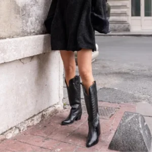 Black Embroidered Low Heel Cowboy Boots for Women